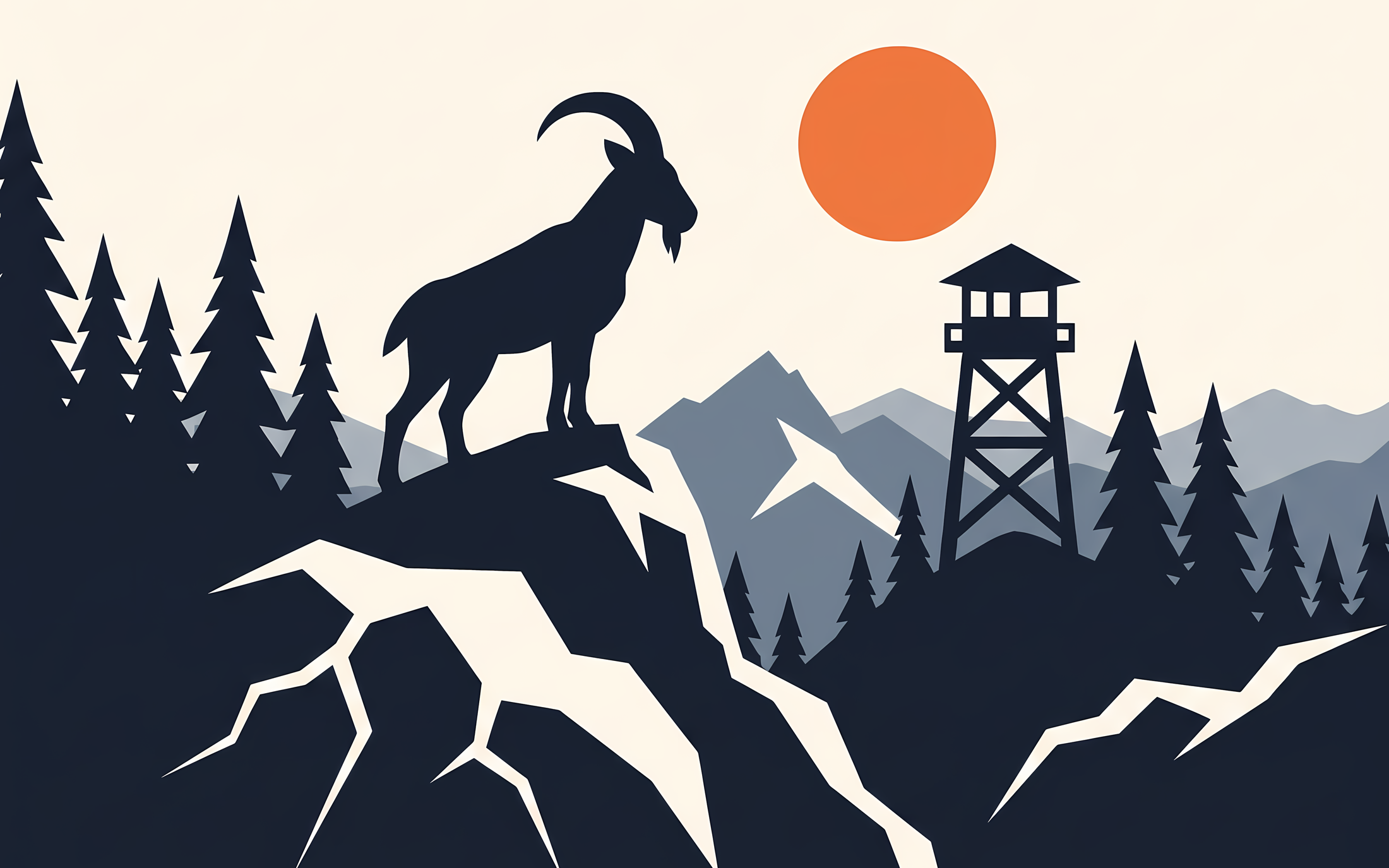 An ibex standing on a crag above a pine forest, a fire lookout tower on the ridge behind it, and a low orange sun.