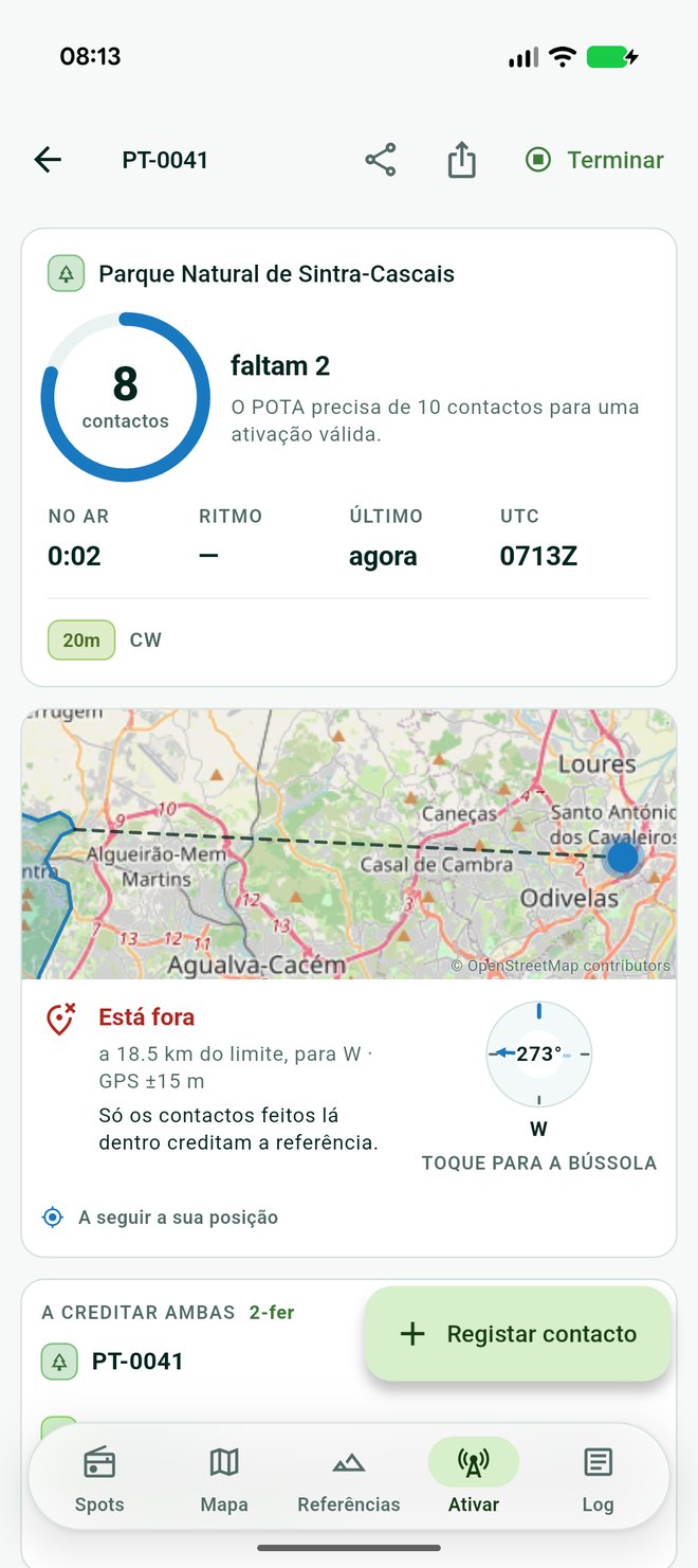 An activation in progress: eight contacts of the ten POTA needs, time on air, the UTC clock, and a card saying the operator is 18.5 km outside the park boundary.