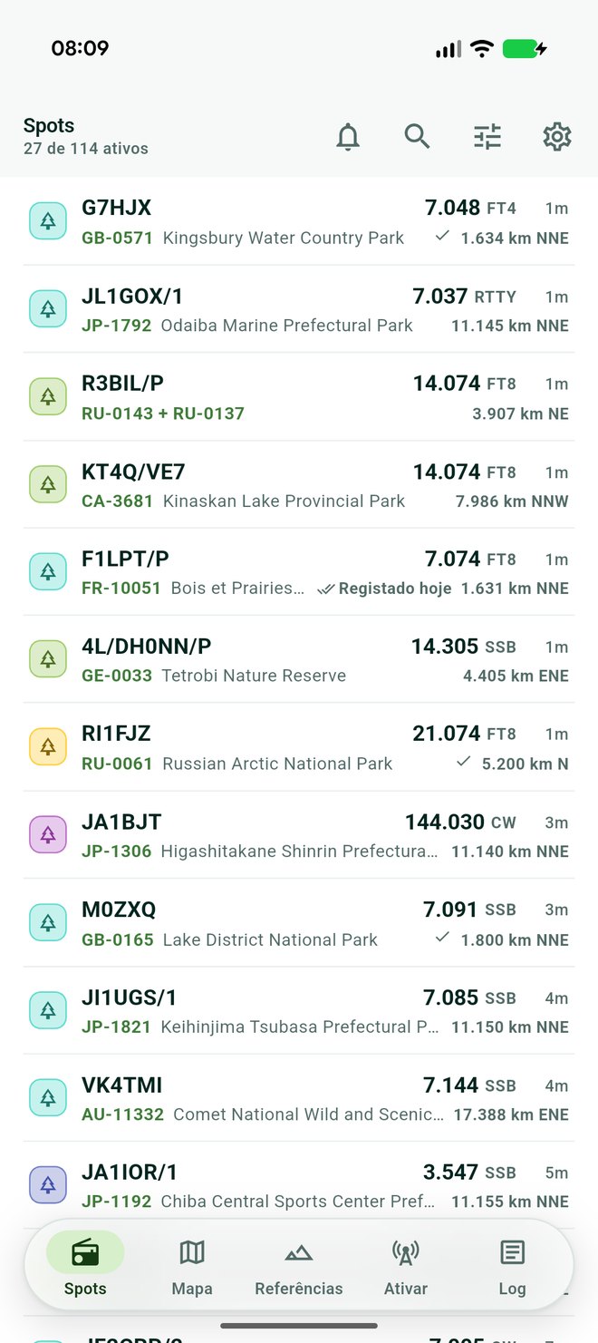 The spot list, showing activators with their park reference, frequency, mode and distance.